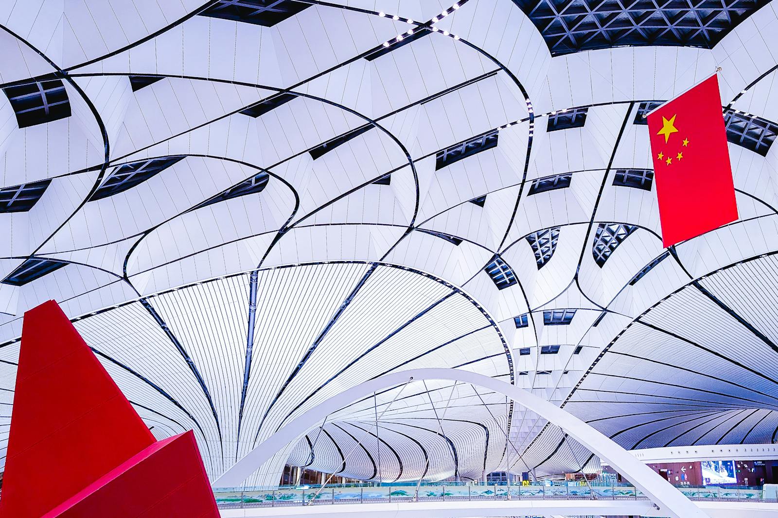 The interior of the Beijing Daxing Airport central court with its starfish-arm geometry