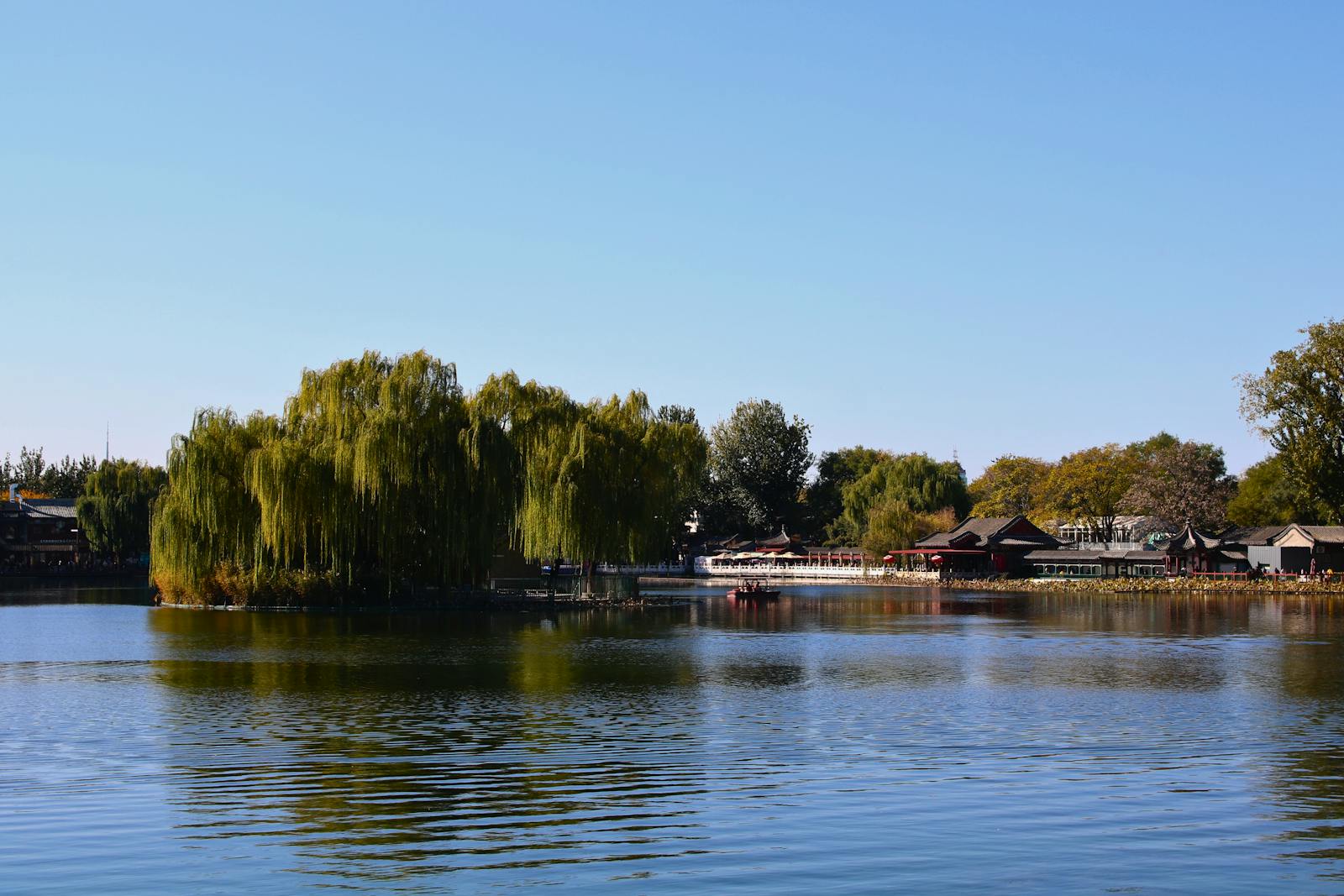 Willow island and traditional architecture on the calm waters of Houhai Lake in Beijing